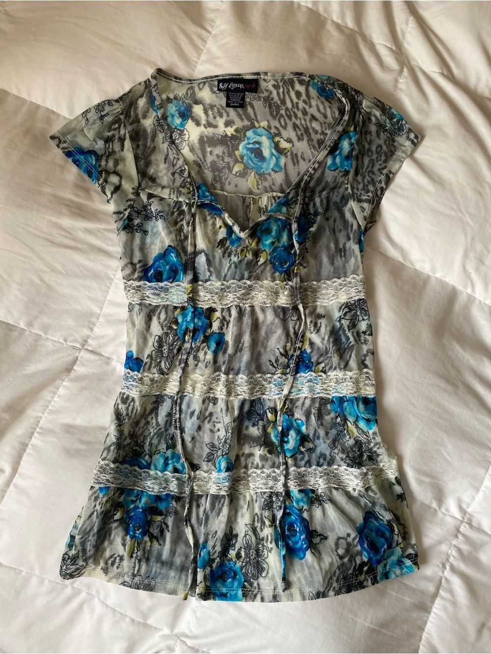 Y2K Blue Floral Lace-Trim Women's Top
